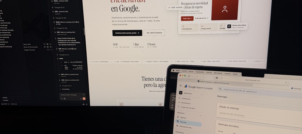 Mi escritorio: una web en el monitor y Google Search Console en el portátil